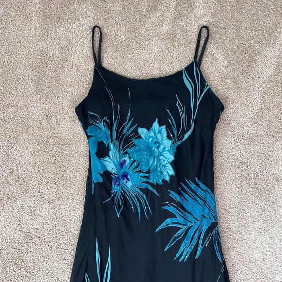 Eva Blue Dress Womens M Blue Floral Tropical Beaded Midi Y2K Whimsygoth Fairy - Picture 4 of 12